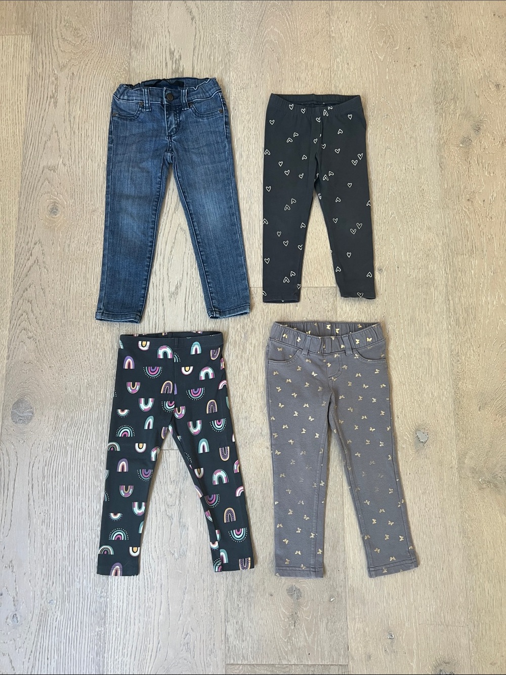 💕 2T Girls' Rainbow, Heart, Butterfly Print Leggings & Blue Jeans (4 Total)